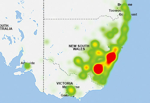 heat map image of the south east corner of australia showing where applicants come from. In this example, it shows red hot areas around greater Sydney and Canberra, and green areas from as far away as Adelaide, Brisbane and Melbourne.