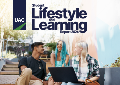 2026 Student Lifestyle and Learning Report cover: three students in casual clothes sit together facing each other smiling
