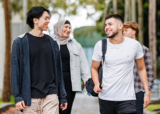 A group of students walking together talking