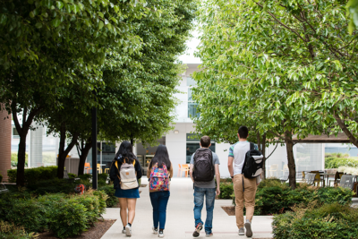 Four young people with backpacks walking down a tree-lined path away from the camera