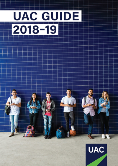 The cover of UAC Guide 2018-19, which shows five young people standing in front of a vast blue wall and the UAC logo The cover of UAC Guide 2018-19, which shows five young people standing in front of a vast blue wall and the UAC logo