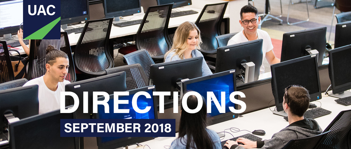 Banner for Directions 2018 showing a number of young people at computers smiling and chatting Banner for Directions 2018 showing a number of young people at computers smiling and chatting