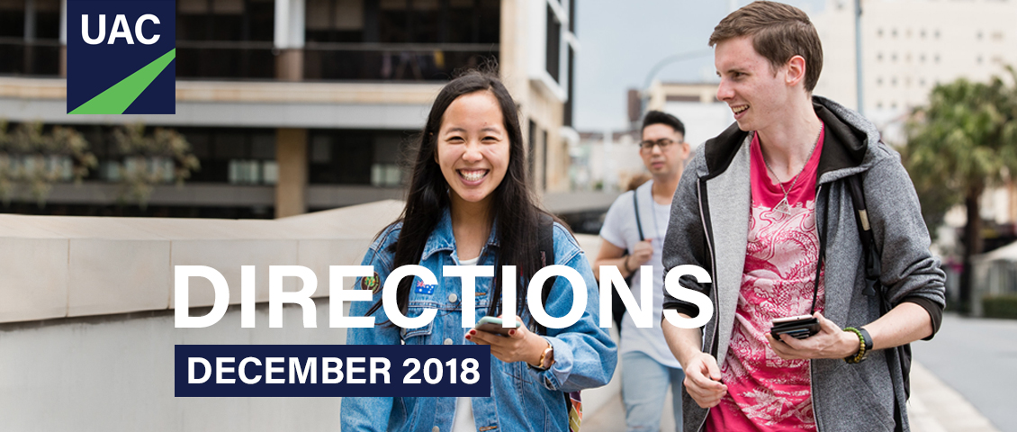 Directions December 2018 banner showing two young people chatting and smiling as they walk ahead of a third guy with glasses Directions December 2018 banner showing two young people chatting and smiling as they walk ahead of a third guy with glasses