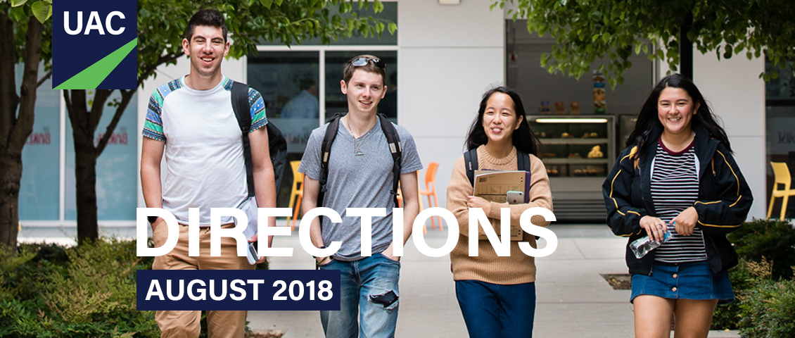 Direction August 2018 banner showing four young people walking outside towards camera smiling Direction August 2018 banner showing four young people walking outside towards camera smiling